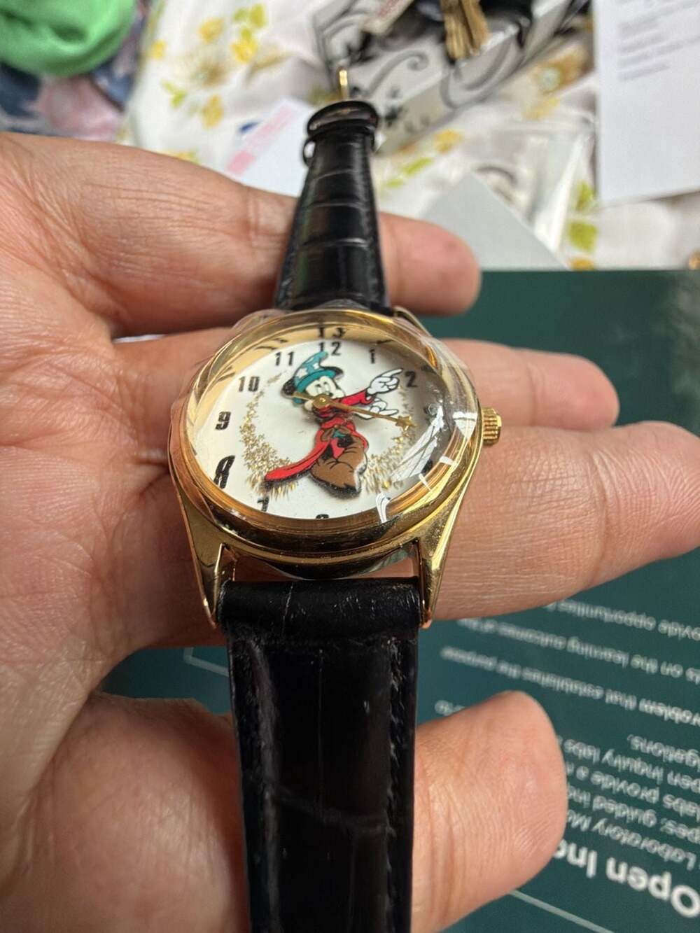 Disney Time Works Sorcerer Mickey Mouse Fantasia Watch Gold Tone Black Leather S - Picture 2 of 7